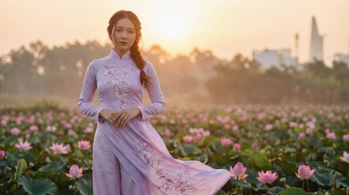 时尚编辑风格摄影：一位越南女性身穿传统奥黛（áo dài），面料为淡紫色丝绸，点缀精致花卉刺绣；她站立于日出时分盛开的莲花花海之中，柔和朦胧的晨光，拍摄使用哈苏中画幅相机搭配80mm镜头，微风...