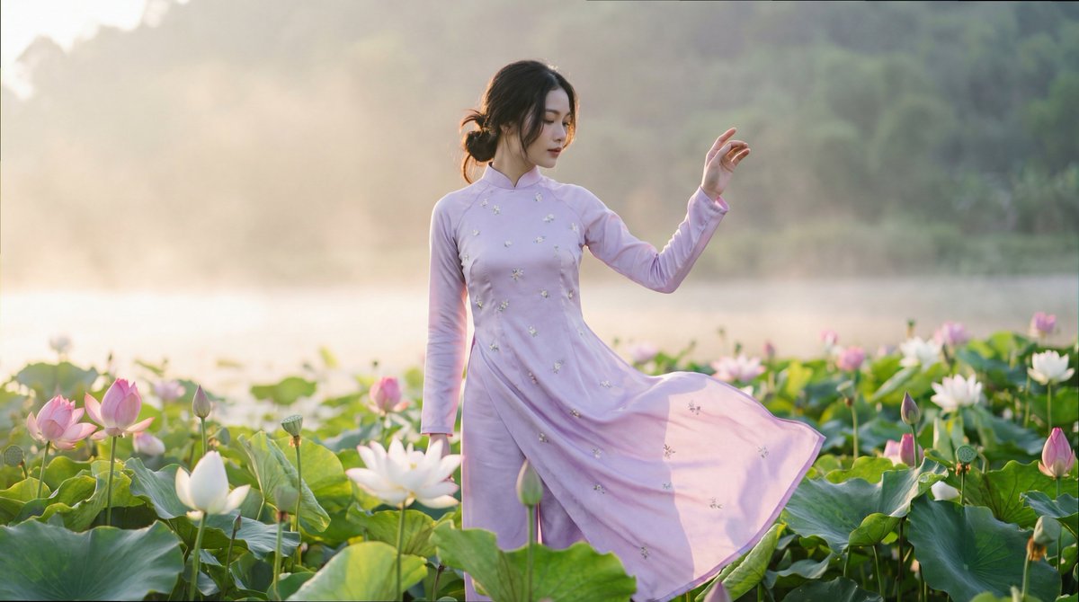 时尚编辑风格摄影：一位越南女性身穿传统奥黛（áo dài），面料为淡紫色丝绸，点缀精致花卉刺绣；她站立于日出时分盛开的莲花花海之中，柔和朦胧的晨光，拍摄使用哈苏中画幅相机搭配80mm镜头，微风...