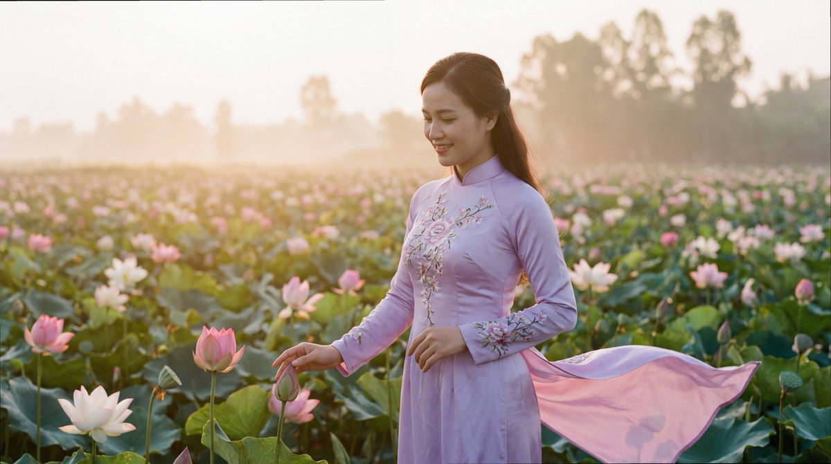 时尚编辑风格摄影：一位越南女性身穿传统奥黛（áo dài），面料为淡紫色丝绸，点缀精致花卉刺绣；她站立于日出时分盛开的莲花花海之中，柔和朦胧的晨光，拍摄使用哈苏中画幅相机搭配80mm镜头，微风...