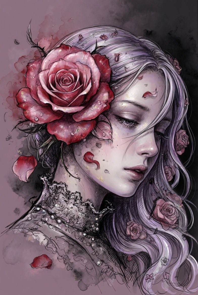 Grok Imagine Prompt Share: 一位令人惊叹的空灵女性，四分之三侧面，头部轻轻向下倾斜，带着忧郁而宁静的表情，眼睛轻轻闭合，苍白的瓷质皮肤上有微妙的金色闪光和火花，精致的...