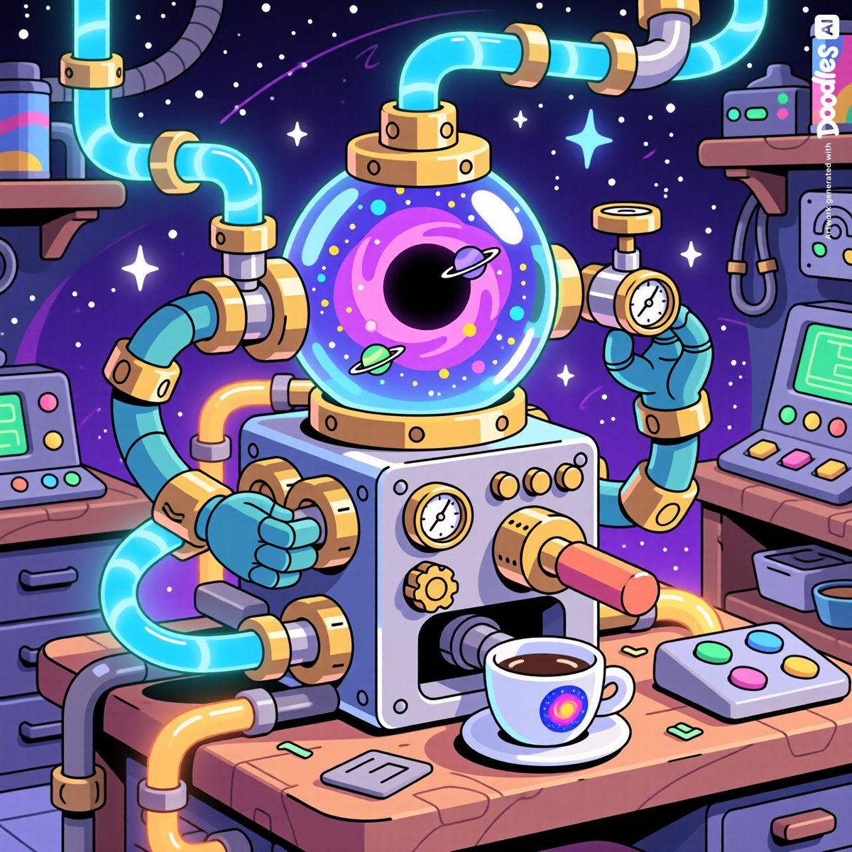 试玩 Doodles AI 比赛。@doodles 如果黑洞能冲咖啡会怎样？☕🌌 将宇宙的混沌变成完美的一杯。 这是我的提示词 一台荒诞的机械发明——黑洞咖啡机，透明腔体中封装着一个微型黑洞，...