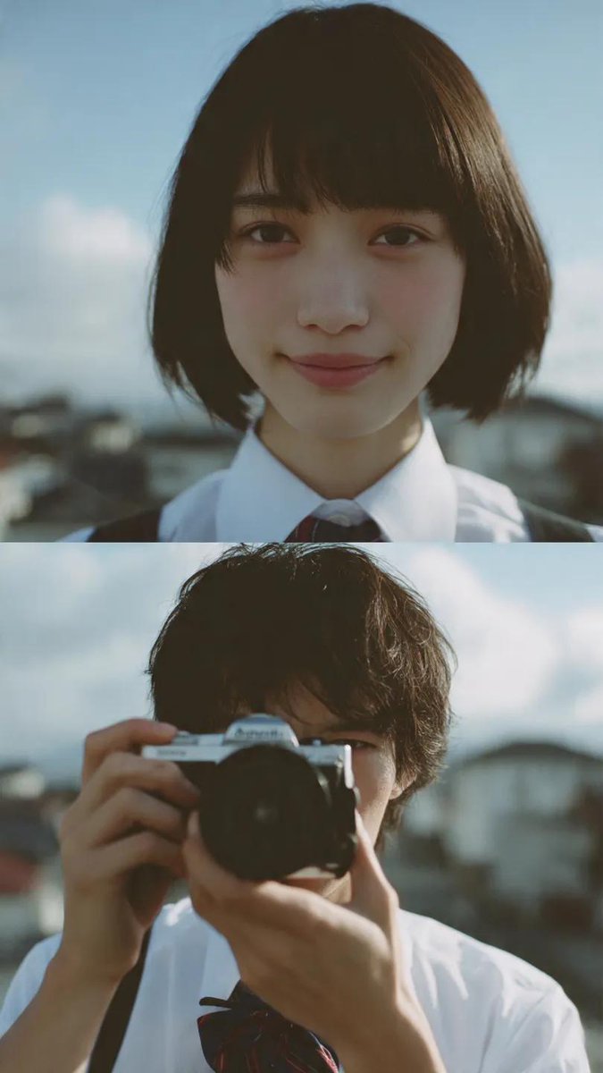 电影感双联画构图，少年男女身着日本校服站在屋顶。上方画面：短发齐刘海的女孩特写肖像，自然柔和的微笑，看向镜头，叠加细微的相机对焦框。下方画面：手持单反相机的男生特写，透过取景器观看，正在捕捉这...