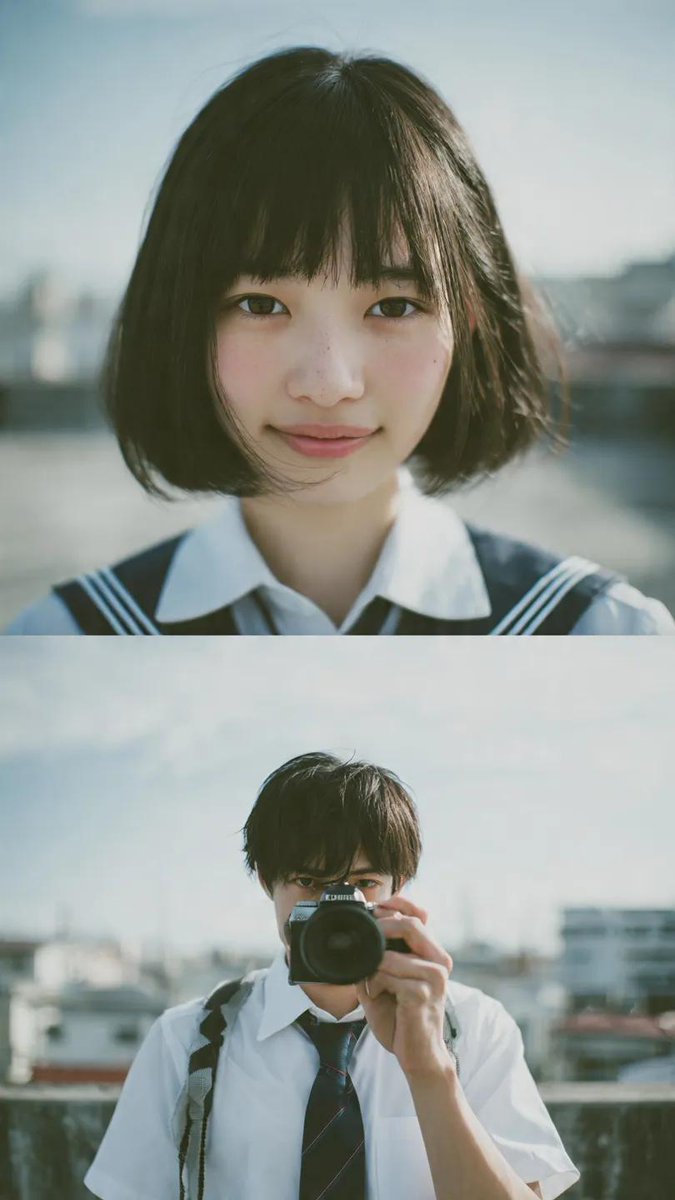 电影感双联画构图，少年男女身着日本校服站在屋顶。上方画面：短发齐刘海的女孩特写肖像，自然柔和的微笑，看向镜头，叠加细微的相机对焦框。下方画面：手持单反相机的男生特写，透过取景器观看，正在捕捉这...