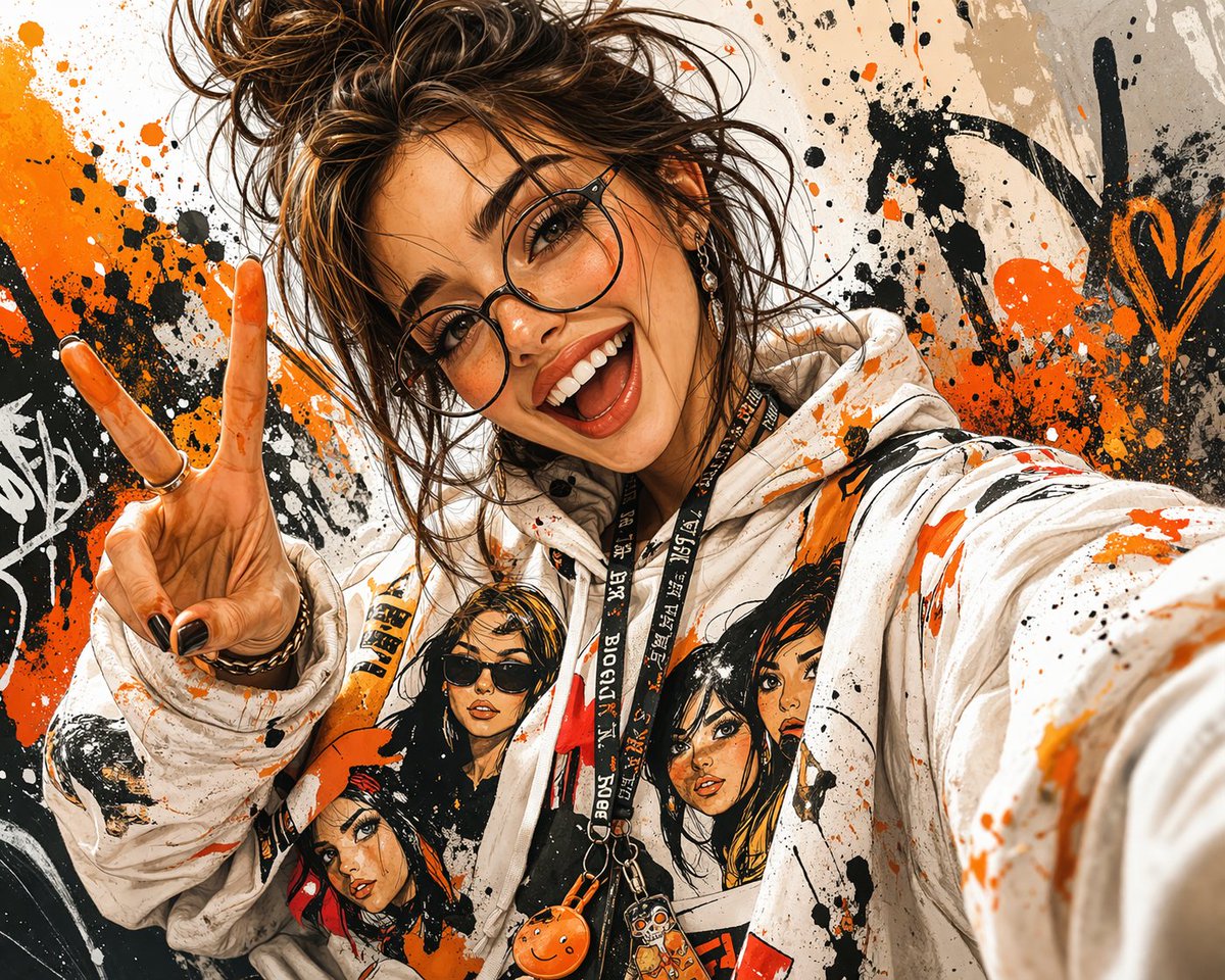 一幅充满活力的风格化数字插画，画中是一位戴着眼镜的年轻女性，她对着镜头开心地咧嘴大笑，并比出和平手势。她有着凌乱的棕色头发，扎成发髻并散落着几缕碎发，眼神富有表现力，表情俏皮而充满活力。她身穿...