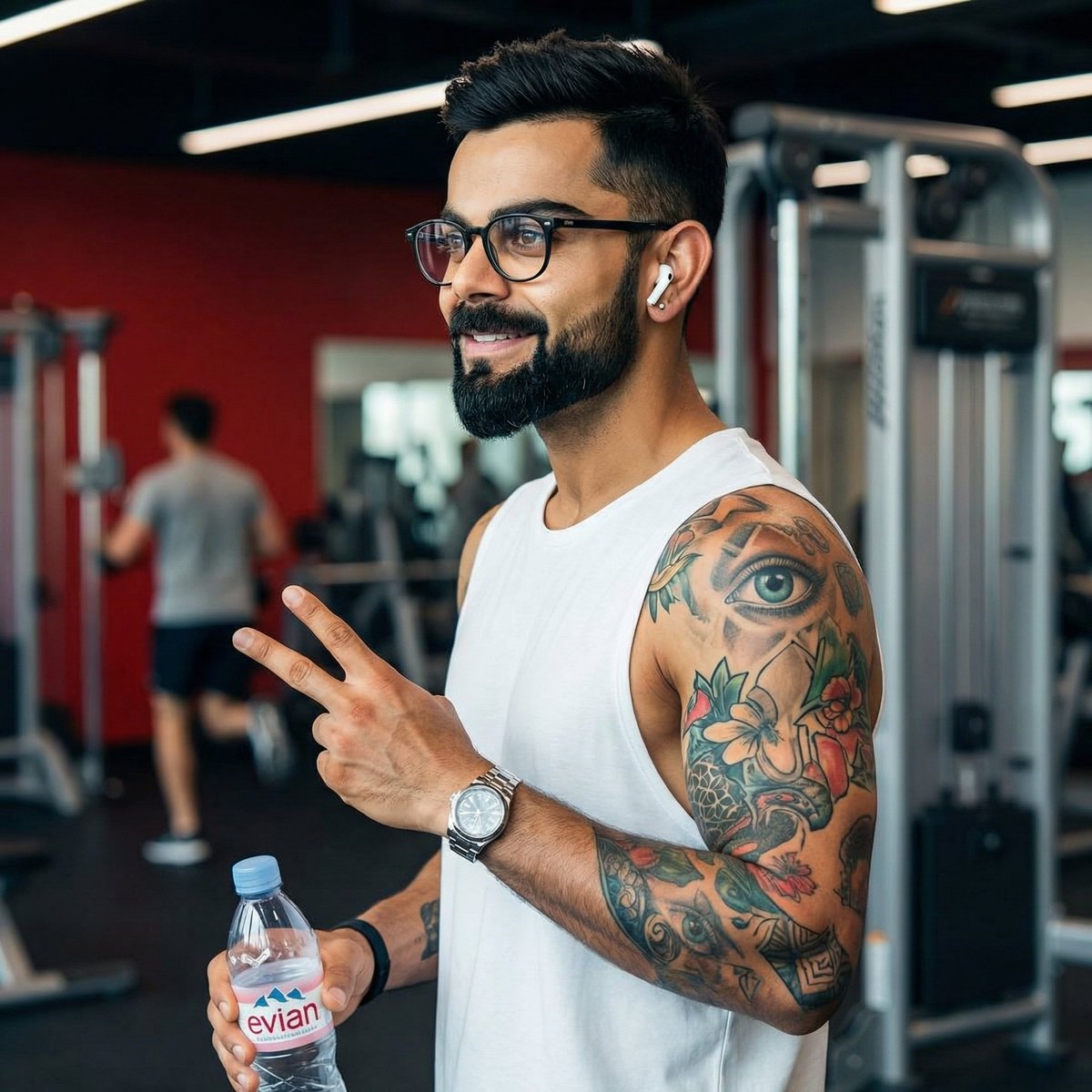 现代健身房中 Virat Kohli 的照片级写实肖像，高度细节，对焦锐利。他是一位肌肉发达的印度男性，留着修剪整齐的黑色胡须和造型有型的黑色头发，戴着黑框眼镜。他面带自信的笑容，露出牙齿，目...