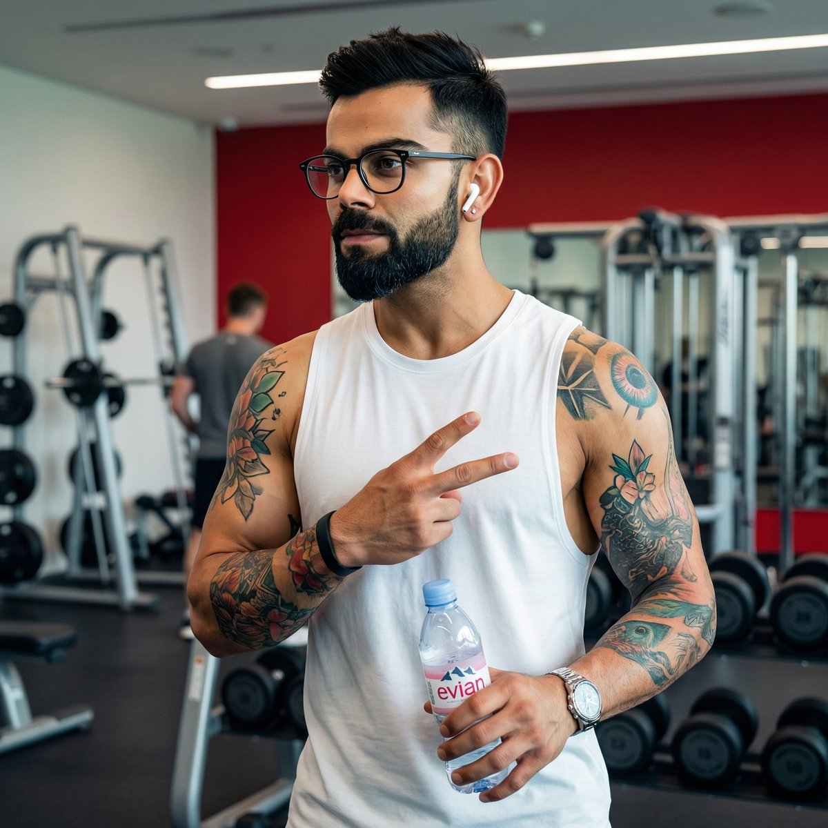 现代健身房中 Virat Kohli 的照片级写实肖像，高度细节，对焦锐利。他是一位肌肉发达的印度男性，留着修剪整齐的黑色胡须和造型有型的黑色头发，戴着黑框眼镜。他面带自信的笑容，露出牙齿，目...