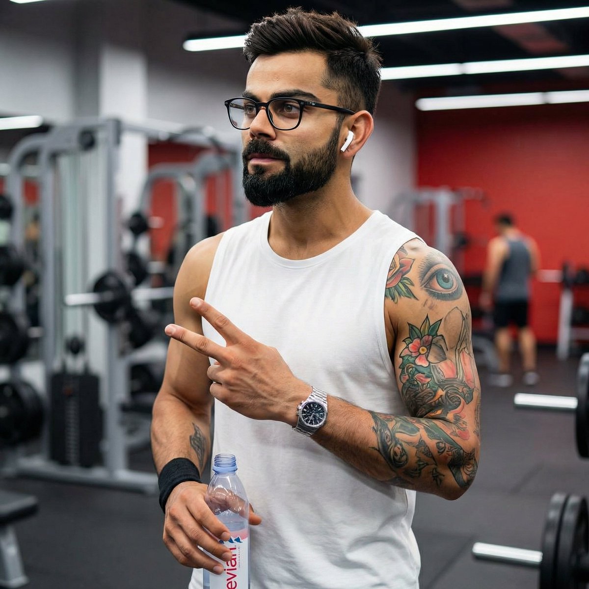 现代健身房中 Virat Kohli 的照片级写实肖像，高度细节，对焦锐利。他是一位肌肉发达的印度男性，留着修剪整齐的黑色胡须和造型有型的黑色头发，戴着黑框眼镜。他面带自信的笑容，露出牙齿，目...