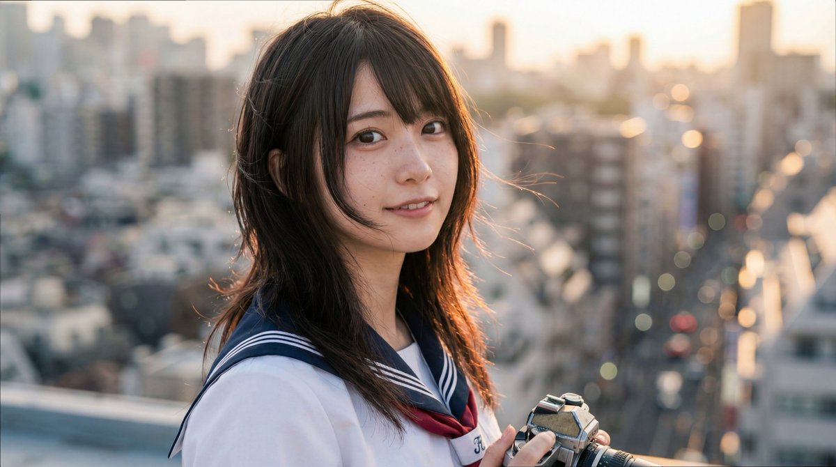 超写实摄影肖像：一位年轻日本女性，将经典动漫女主人公的美学转化为现实——大而有神、富有表现力的深色双眸，天生白皙的肌肤带着淡淡的雀斑，黑色层次感长发配以长长侧刘海，身着白色水手服式校服搭配藏青...