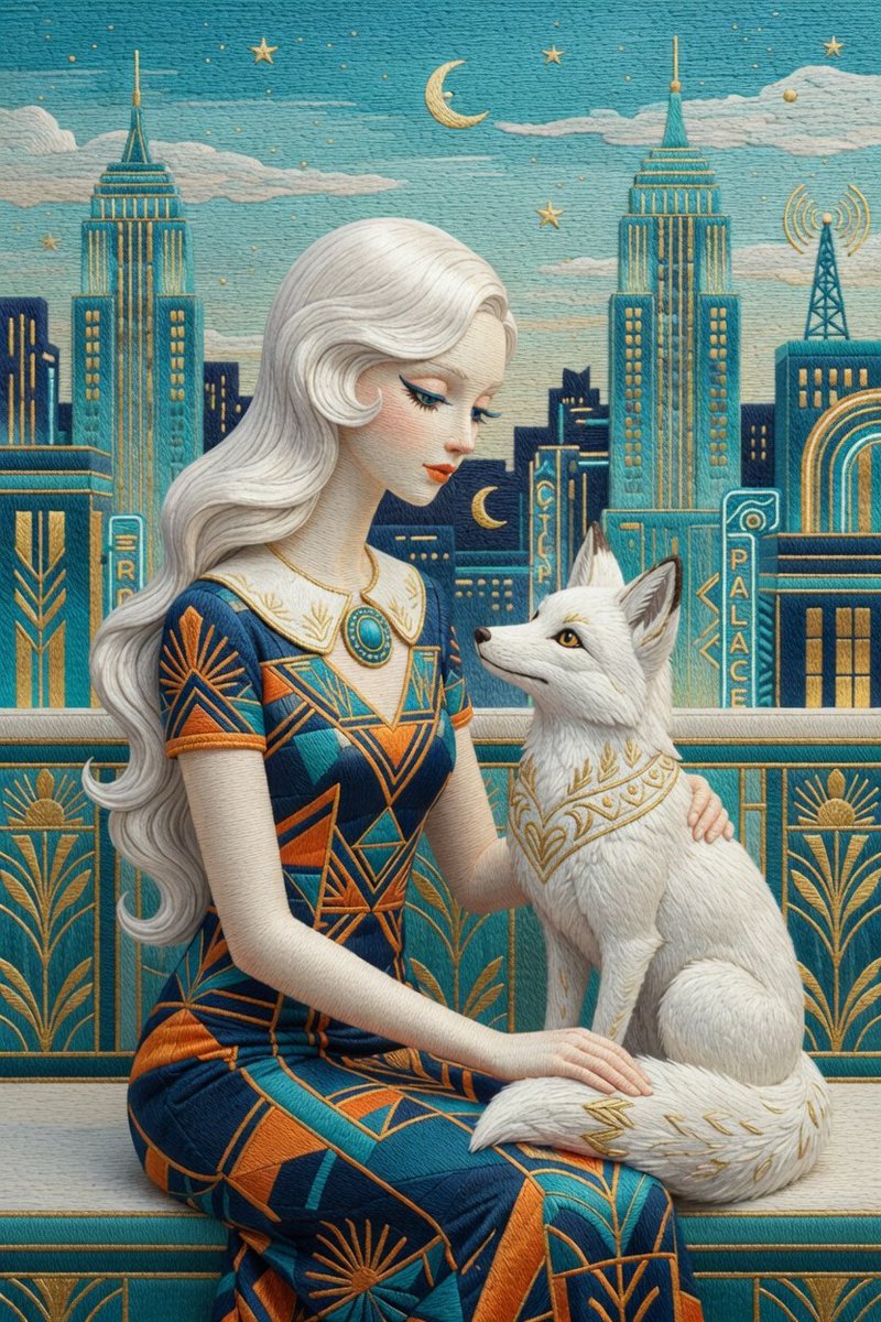 Grok Imagine 提示词分享： 高度精细的3D装饰艺术（Art Deco）刺绣，画面中一位优雅纤细的年轻女子，脖颈修长纤细，与一只优雅的白狐并肩端坐于一座奢华的装饰艺术露台上，俯瞰暮色...