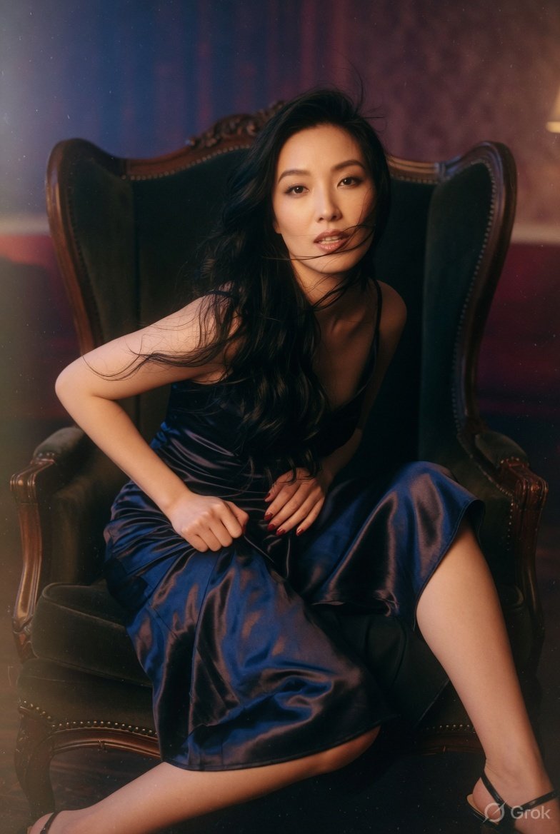 超写实时尚大片拍摄，东亚美女端坐于高背翼形扶手椅中，戏剧性斜角姿势，黑色长卷发自然垂落，目光受控而强烈，双唇微微张开，右手置于头后轻撩发丝，左手轻放大腿上，右腿向前伸入前景以增强纵深感，左腿弯...