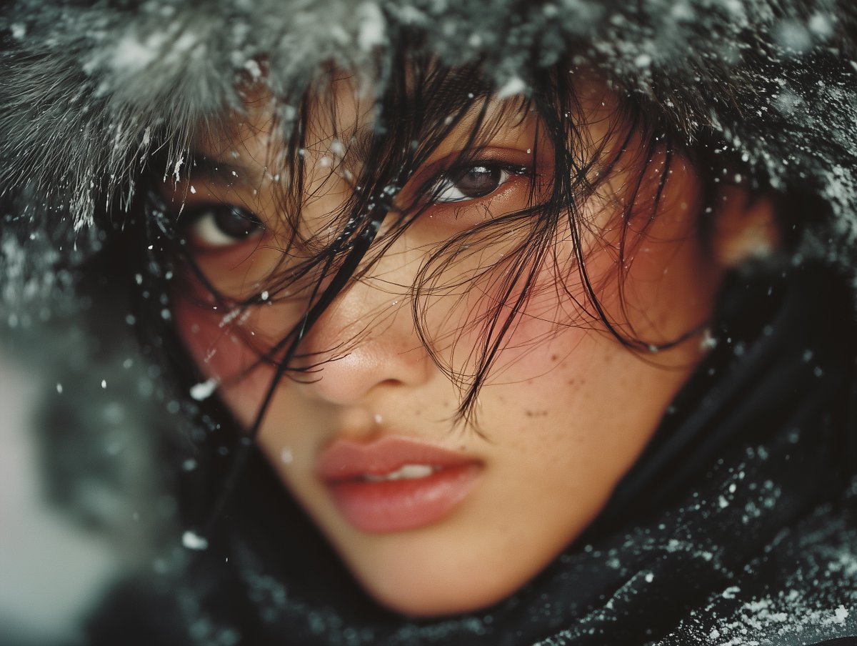 被一场猛烈暴风雪的刺眼混沌所吞噬，一位年轻东亚女性被捕捉于一个紧凑的电影特写镜头中，神情沉静而坚忍，她头部微微低垂，目光向左下方垂落，精致的面部轮廓、隐约可见的细痣，以及脸颊与鼻尖自然泛起的粉...