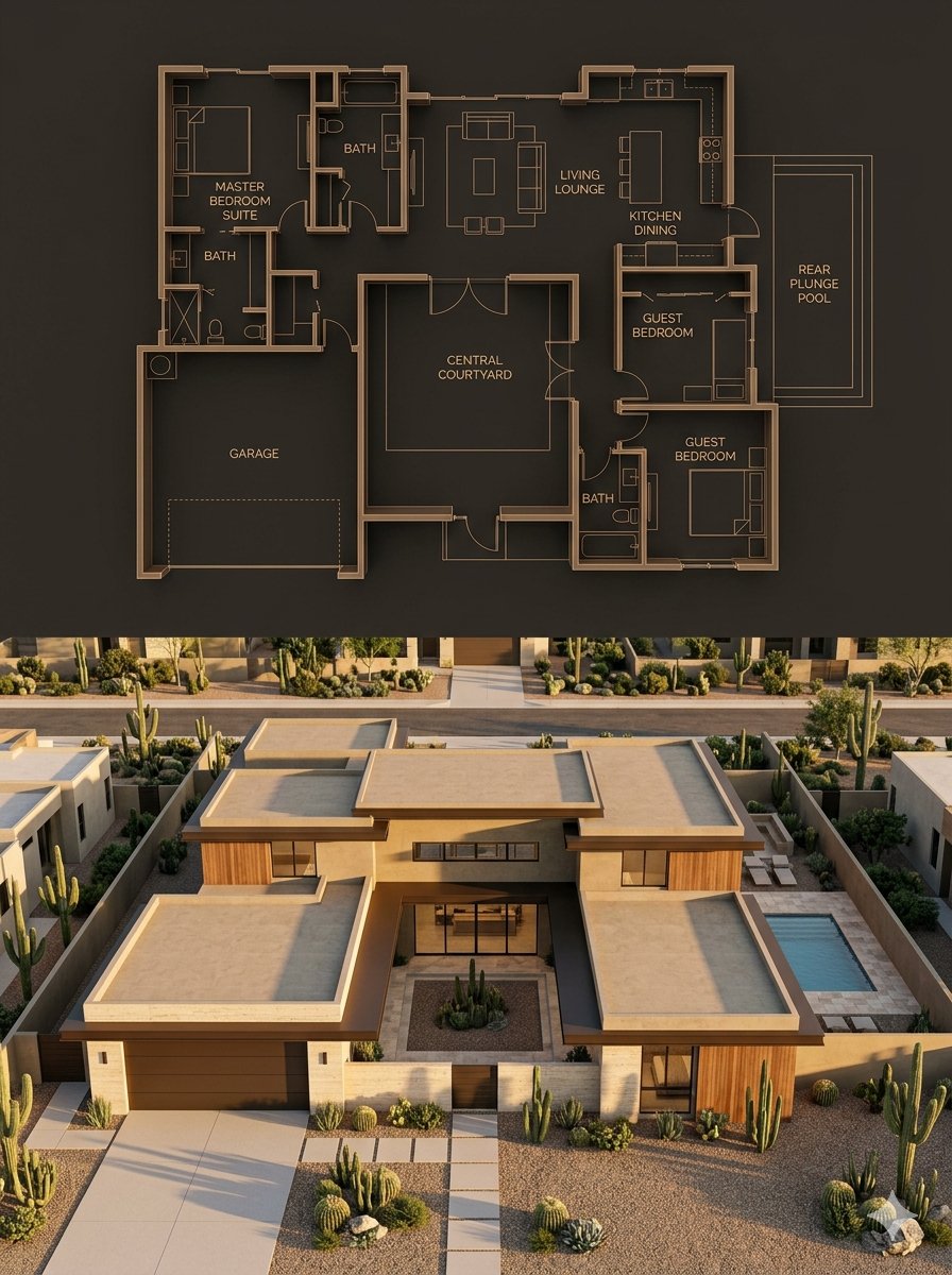 { "objective": "创建一个建筑分屏可视化效果，上半部分为深色豪华蓝图，下半部分为电影感沙漠风格现代住宅渲染图，两者在结构和平面上完...
