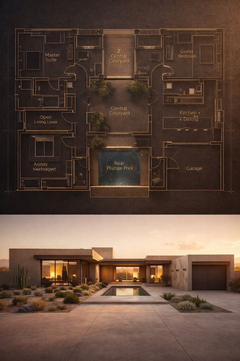 { "objective": "创建一个建筑分屏可视化效果，上半部分为深色豪华蓝图，下半部分为电影感沙漠风格现代住宅渲染图，两者在结构和平面上完美对齐", "aspect_ratio": "3...