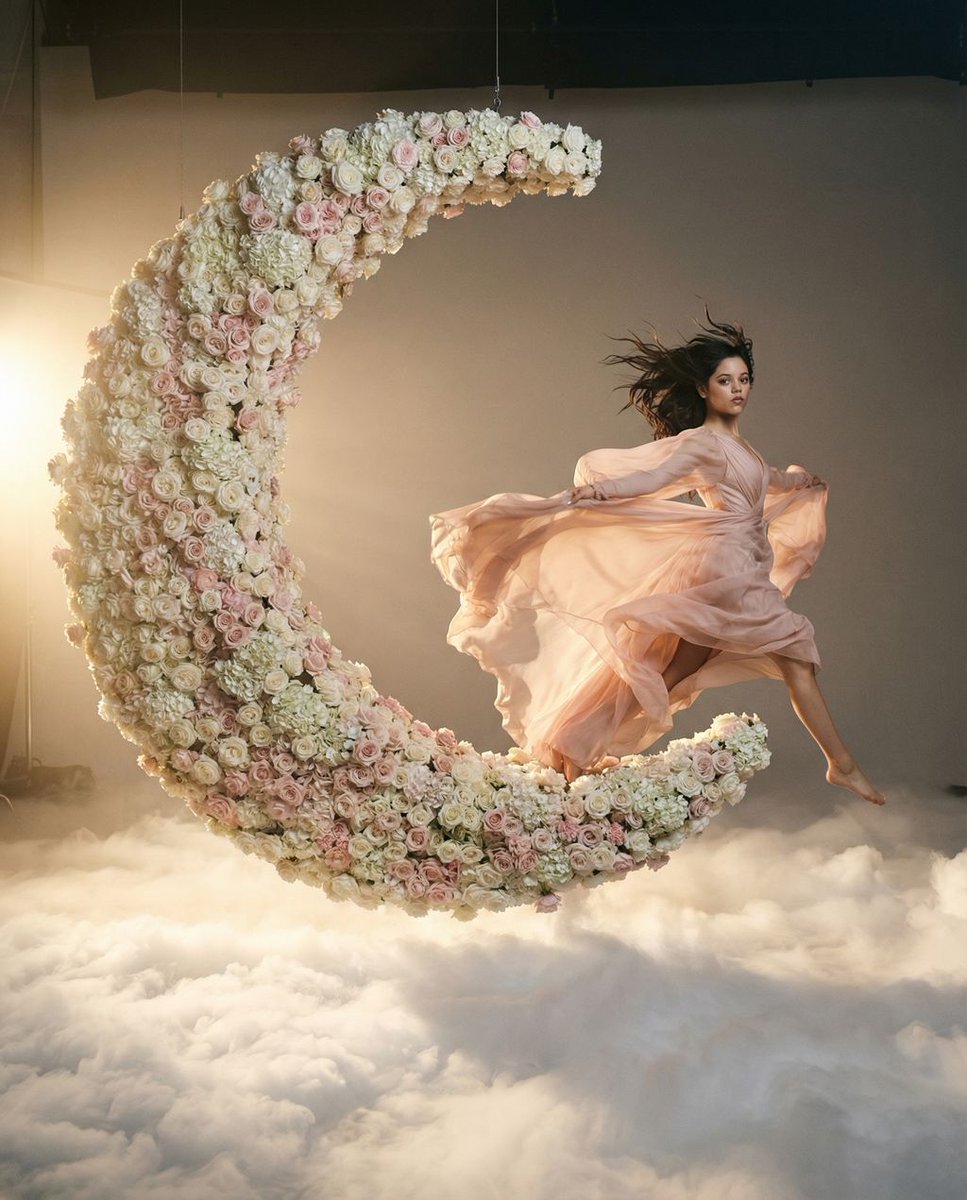悬浮于花之轨道的动态梦境。一幅超写实的中画幅编辑级摄影作品。构图：电影三分法。主角位于画面右侧三分之一的边缘处，左侧留出大面积负空间。主体与动作（动态缪斯）：主角在巨大悬空新月形结构的边缘突然...