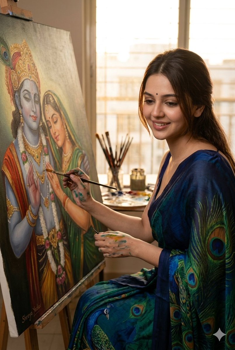 { "title": "Ultra-Realistic Portrait of Indian Woman Painting Radha Krishna", "type": "photoreal...