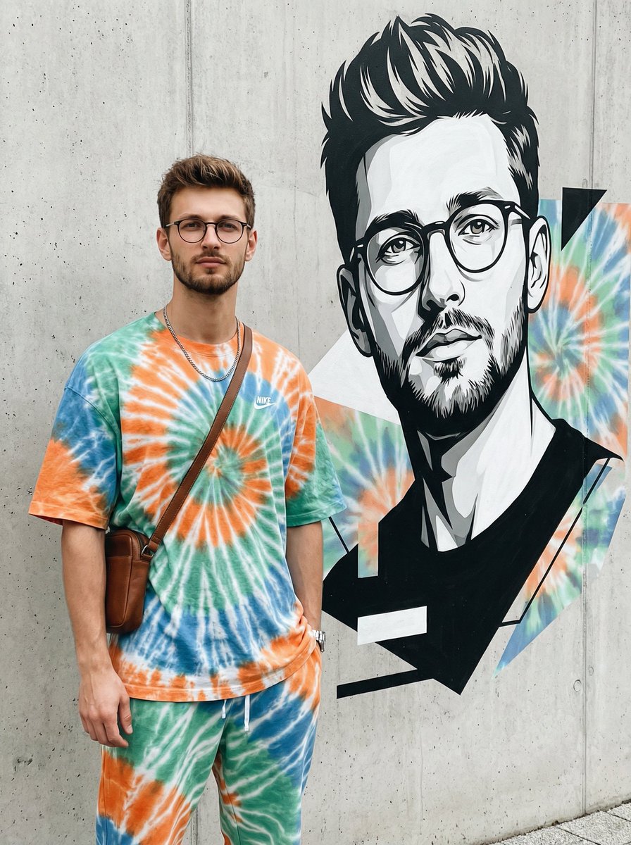 一位时尚的年轻男子靠着一面极简的混凝土墙站立，身旁是一幅巨大的现代壁画，画中正是他自己。他身穿一套宽松、色彩鲜艳的耐克扎染服装（橙色、绿色、蓝色和白色的超大号衬衫和宽松长裤），戴着圆框眼镜、一...