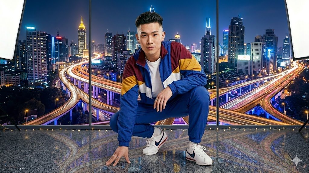 Google Gemini Nano Banana pro 提示词 👇 一张专业的工作室摄影照片，照片中是一位年轻男子，造型过的深色头发，在一个色彩鲜艳、几何图案的背景前以自信的姿态蹲下。他穿...