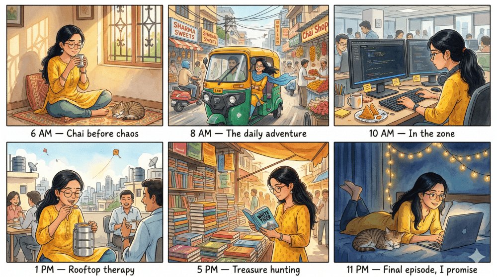 Nano Banana Pro 提示分享： 动漫连环漫画： 创作一幅 6 格水平排列的连环漫画，采用温暖的吉卜力工作室动漫风格，描绘同一位长黑发、戴圆框眼镜、穿黄色 kurta（印度长衫）的年...