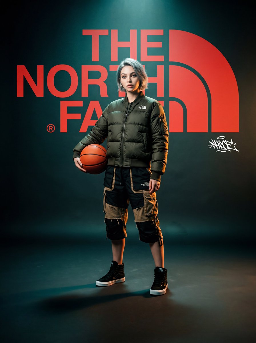 一张高级时尚、电影感的"The North Face"品牌概念海报。画面中，一位女性（使用上传图片中的人物）站在一个风格化的摄影棚里。她/他身穿前卫、宽松的城市街头服饰：深橄榄绿色绗缝羽绒轰炸...