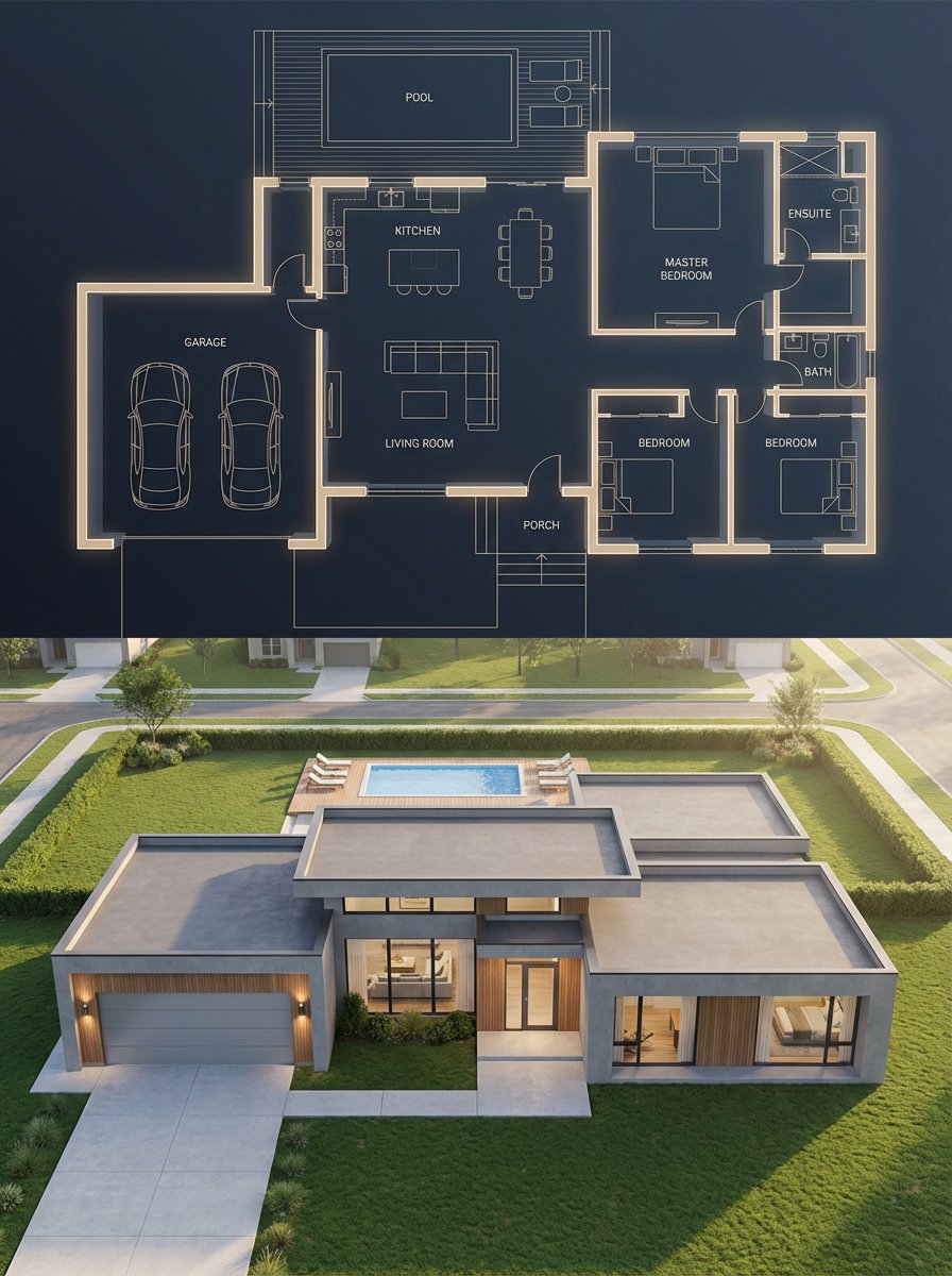 { "objective": "创建一个分屏建筑可视化效果,上方是详细的深色主题蓝图,下方是与蓝图完全匹配的真实感房屋", "aspect_ratio": "3:4", "compositio...