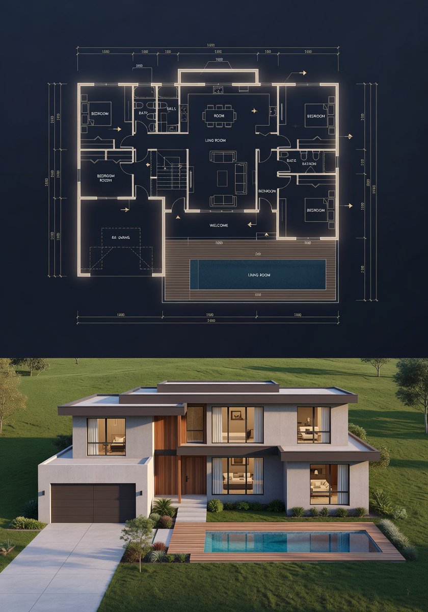 { "objective": "创建一个分屏建筑可视化效果,上方是详细的深色主题蓝图,下方是与蓝图完全匹配的真实感房屋", "aspect_ratio": "3:4", "compositio...