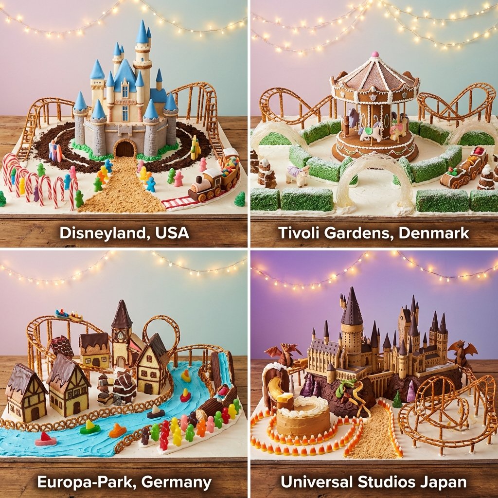 由烘焙食品和糖霜再现的著名游乐园组成的 2x2 网格 结构：[Panel: RANDOM theme park + signature ride; cookie pathways, cake...