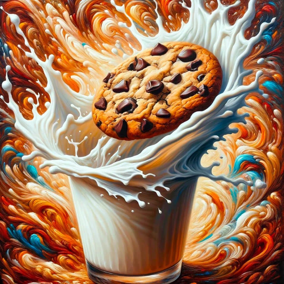 一幅表现主义的油画,描绘了一块巧克力曲奇饼干被投入一杯牛奶中,呈现出风味爆发的瞬间 https://t.co/x0yLfwD1iD