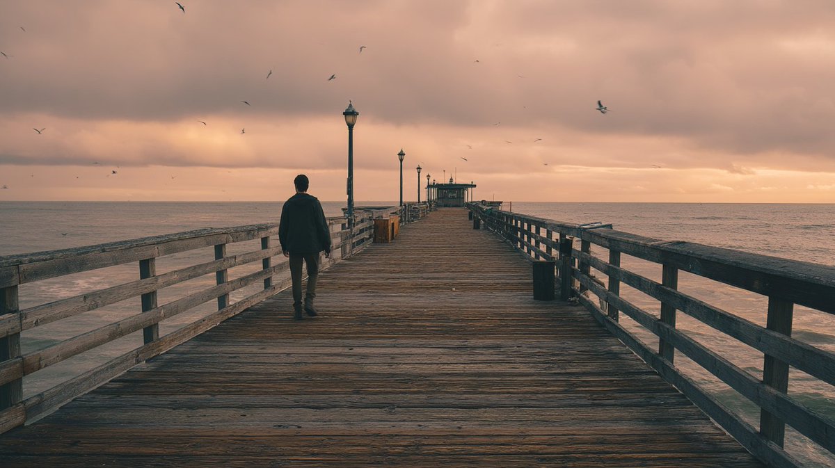 “沿着码头散步，照片，[unsplash] --ar 16:9 --v 8” 在这个提示词中，“photo”（照片）这个词也很重要，因为 V8...