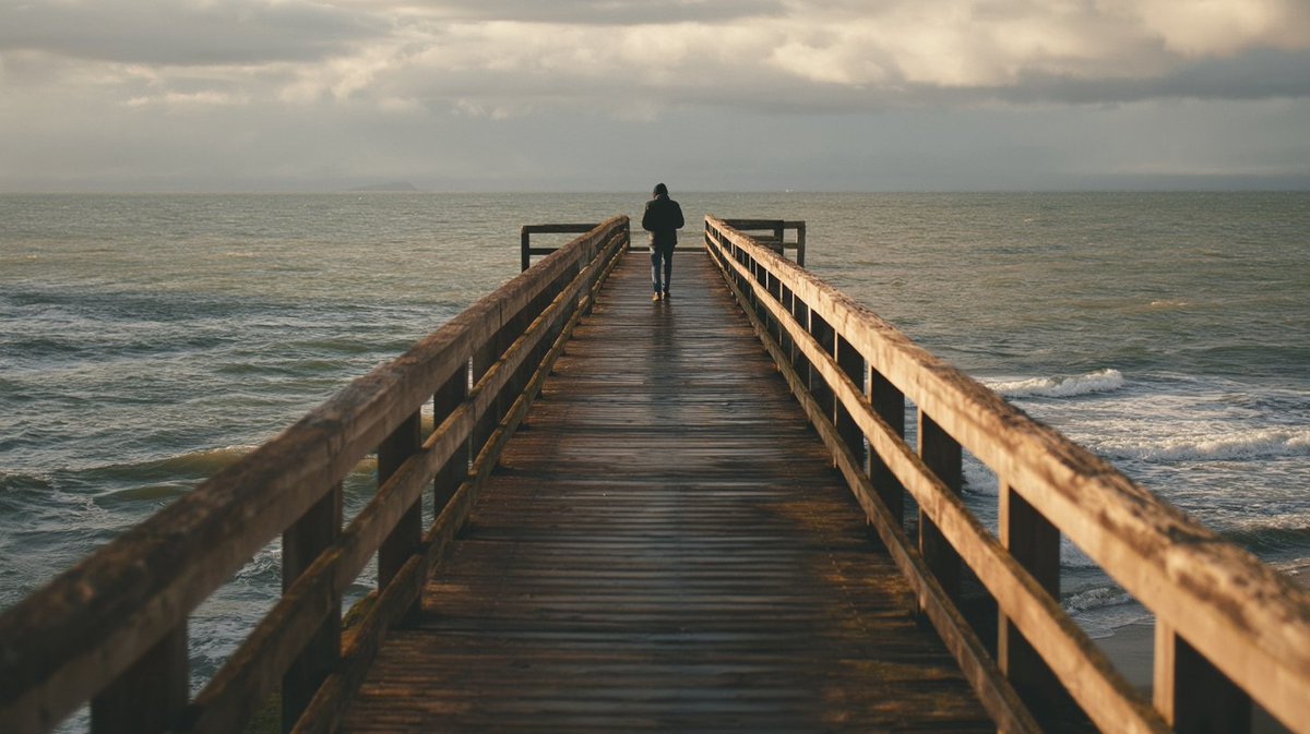 “沿着码头散步，照片，[unsplash] --ar 16:9 --v 8” 在这个提示词中，“photo”（照片）这个词也很重要，因为 V8 倾向于生成绘画而不是照片。左边没有“Unspla...