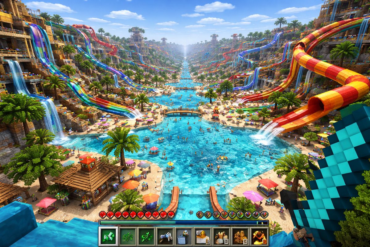 生成一张我的世界（Minecraft）第一人称视角的游戏截图，画面中是一座令人难以置信的巨大水上乐园，仿佛无限延伸。https://t.co/J...