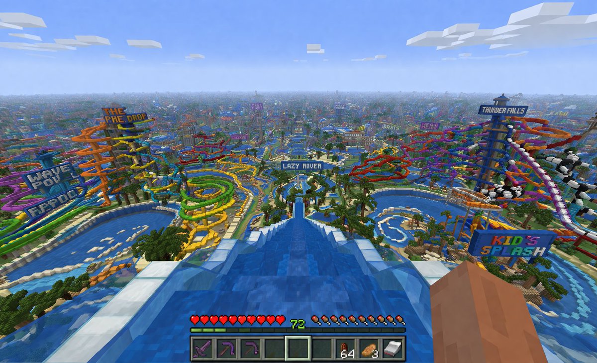 生成一张我的世界（Minecraft）第一人称视角的游戏截图，画面中是一座令人难以置信的巨大水上乐园，仿佛无限延伸。https://t.co/J195JxKE3z