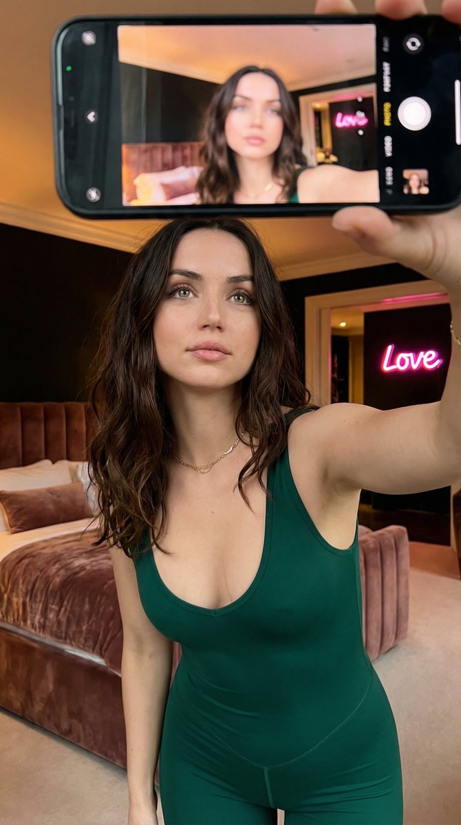 { "subject": { "description":"Ana de Armas 拍摄一张高角度自拍。", "age": "20 多岁", "expression": { "eyes":...