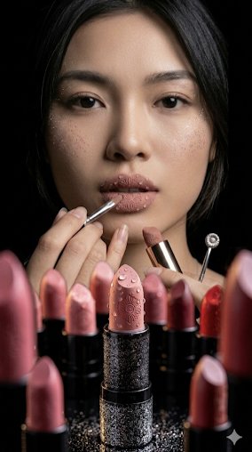 高级时尚社论特写：一位惊艳的东亚女性，肌肤透亮，颧骨处分布着细腻闪粉雀斑。妆容细节：她唇部涂抹哑光灰玫瑰调口红，口红膏体本身带有复杂压花花卉曼陀罗图案。口红表面和她的唇部散落着真实的细小水珠。...