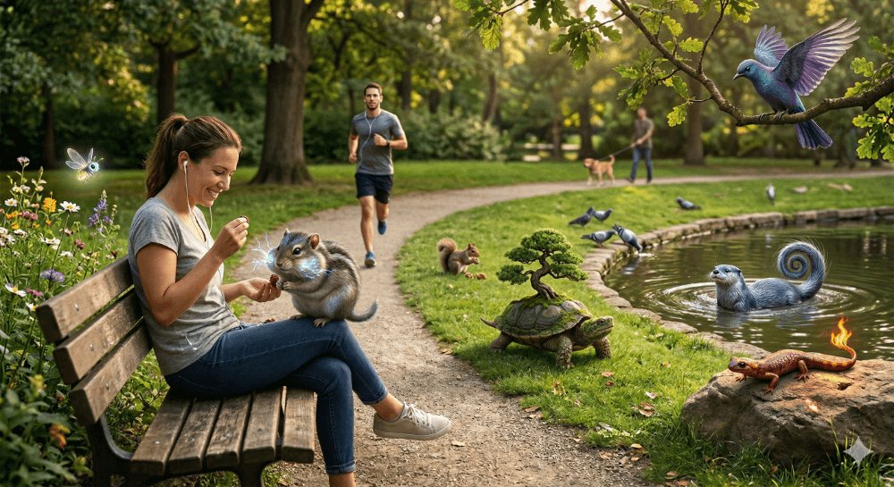 Pokemon In Real Life: Create a hyper-realistic photograph of a regular park scene (green grass,...