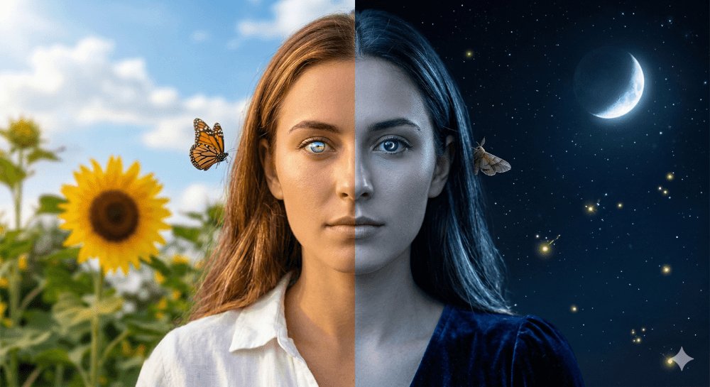 Nano Banana Pro 提示词分享： 日夜分割肖像： 一张超写实的 8K 照片，年轻女性的面部肖像，沿着鼻梁正中央垂直且清晰地一分为二，呈现两个不同的时段。脸部的 LEFT HALF（...