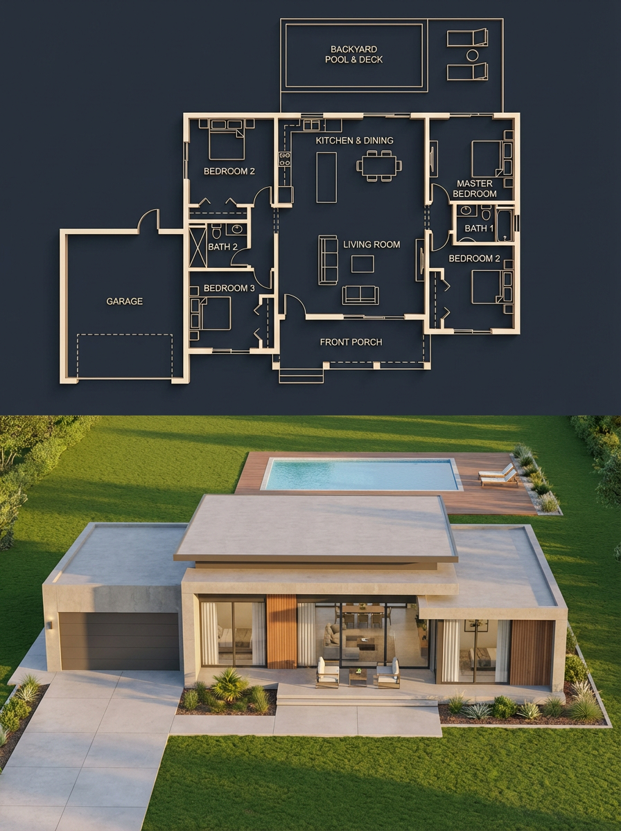 建筑可视化（深色高级感）, 照片写实现代住宅, 简洁、高端的建筑展示, 垂直分屏, 蓝图, 写实渲染, 两部分之间完美的结构对应关系, 创建一个分屏式建筑可视化效果,上方是详细的深色主题蓝图,...