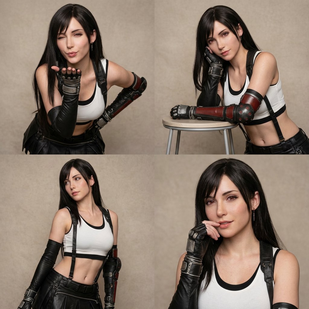 灵感来自 Tifa Lockhart 的美丽健美女性, 黑色长直发, 清透白皙的肌肤，保留自然纹理, 柔和但立体的妆容, 有表现力的眼睛, 白色修身背心, 黑色迷你裙或修身短裤, 黑色吊带,...