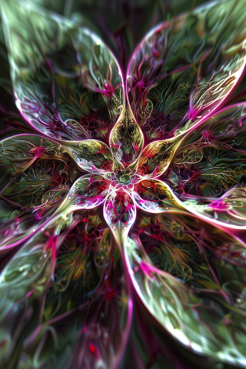Midjourney,一朵超凡脱俗的花,仿佛在你注视它时不断重塑自身,花瓣的几何形状不断变化,呈现出不可能存在的对称性,闪烁着发光的神经网络图案,色彩超越自然光谱,具有催眠效果的超微距镜头,极...