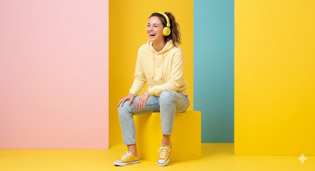 Google Gemini Nano Banana pro 提示词 👇 一张高分辨率工作室摄影作品：一位开心的年轻女子坐在黄色方形凳子上，戴着亮黄色头戴式耳机，自然地笑着。她穿着浅黄色抽绳连帽...