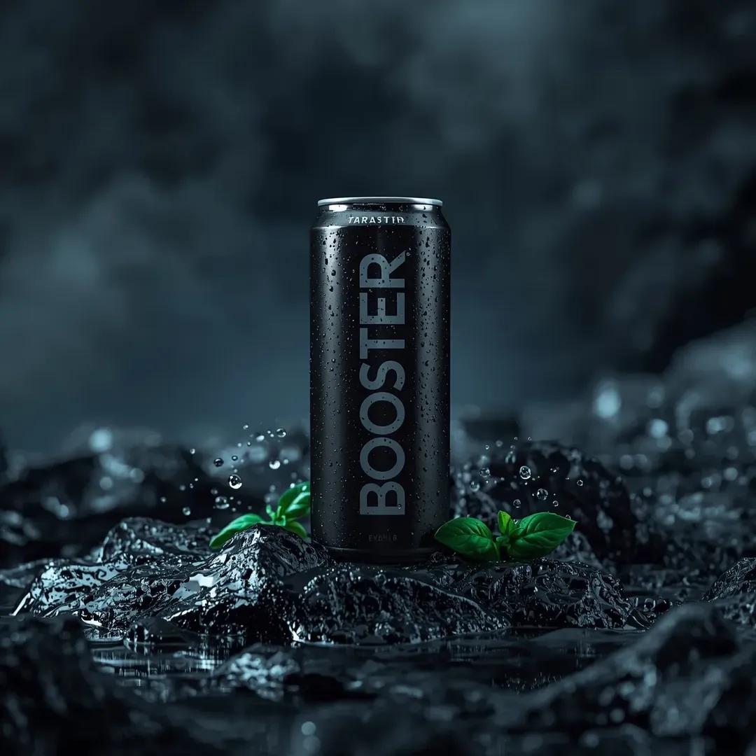 高端商业产品摄影：印有“BOSTER”标签的光滑黑色饮料罐立于深色自然环境中的湿岩石上，周围是飞溅到半空中静止的水滴，罐底周围有新鲜绿叶，带冷蓝色调的氛围感电影打光，罐身有光泽反射和水汽凝结，...