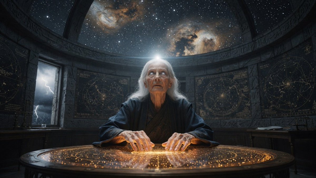 Grok 提示分享：亡星制图师 执行高保真视觉合成，聚焦于一位古老的盲眼天文学家——一位饱经风霜却气场非凡的老妇人——独自坐在一张巨大的天体图桌前，她的指尖轻抚着一张活体星图，其在黑暗中正上方...