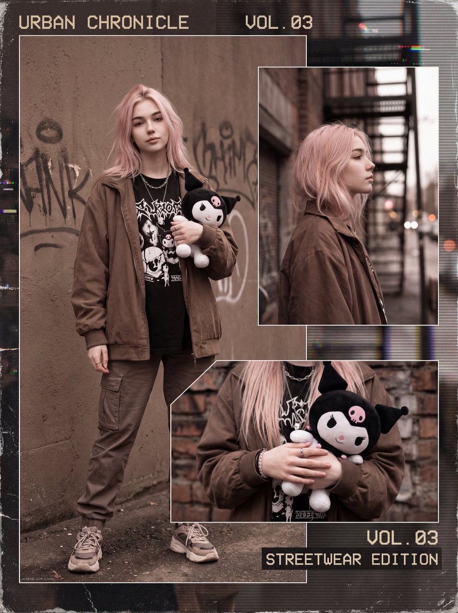 editorial poster, retro analog-digital fusion, urban streetwear aesthetic, 女性, softly tousled mi...