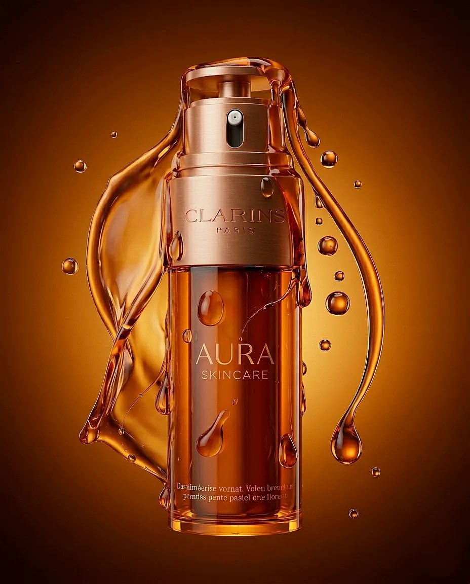“超现实时尚产品摄影：一只巨大的琥珀色护肤品瓶（Clarins Aura）放置在一个极简盒子房间内的橙白格子地板上，温暖的纯橙色灯光，一位时尚女性戴着太阳镜、穿着桃色夹克伸手去够那只瓶子，广角...