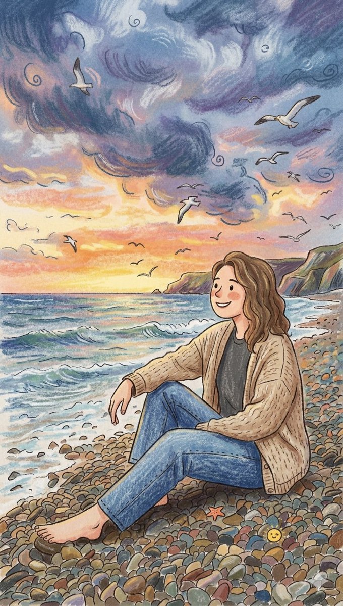 一幅充满奇思妙想的手绘彩色铅笔与蜡粉笔画，描绘一位有着波浪状棕发的年轻女子安静地坐在卵石海滩上。她身着一件舒适宽松的米色针织开衫与蓝色牛仔裤，眺望着海面上绚丽的日落。天空戏剧性地融合了翻卷的紫...