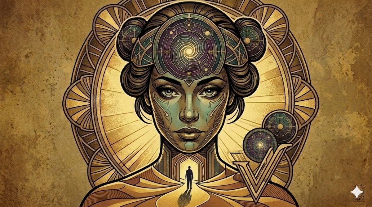 一位拥有天体特征的庄严女性, 虹彩青绿与古铜色金属光泽, 蚀刻于面部与颈部的电路般几何图案, 两个对称的编发发髻,内含微缩旋转星系, 位于额头中央(第三眼区域)的金色螺旋星云,散发光辉, 神秘...