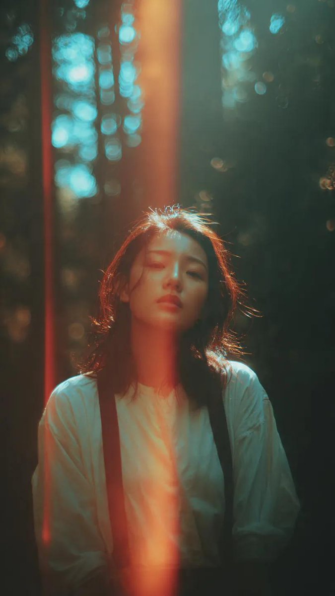 一位亚洲女性伫立于静谧森林中的电影感肖像，在她微微回头望向镜头的瞬间被捕捉下来。柔和的阳光透过高大的树木洒落，在她面庞与身体上形成极具戏剧性的光影交错。一道明显的竖向漏光条纹贯穿画面，添上一抹...