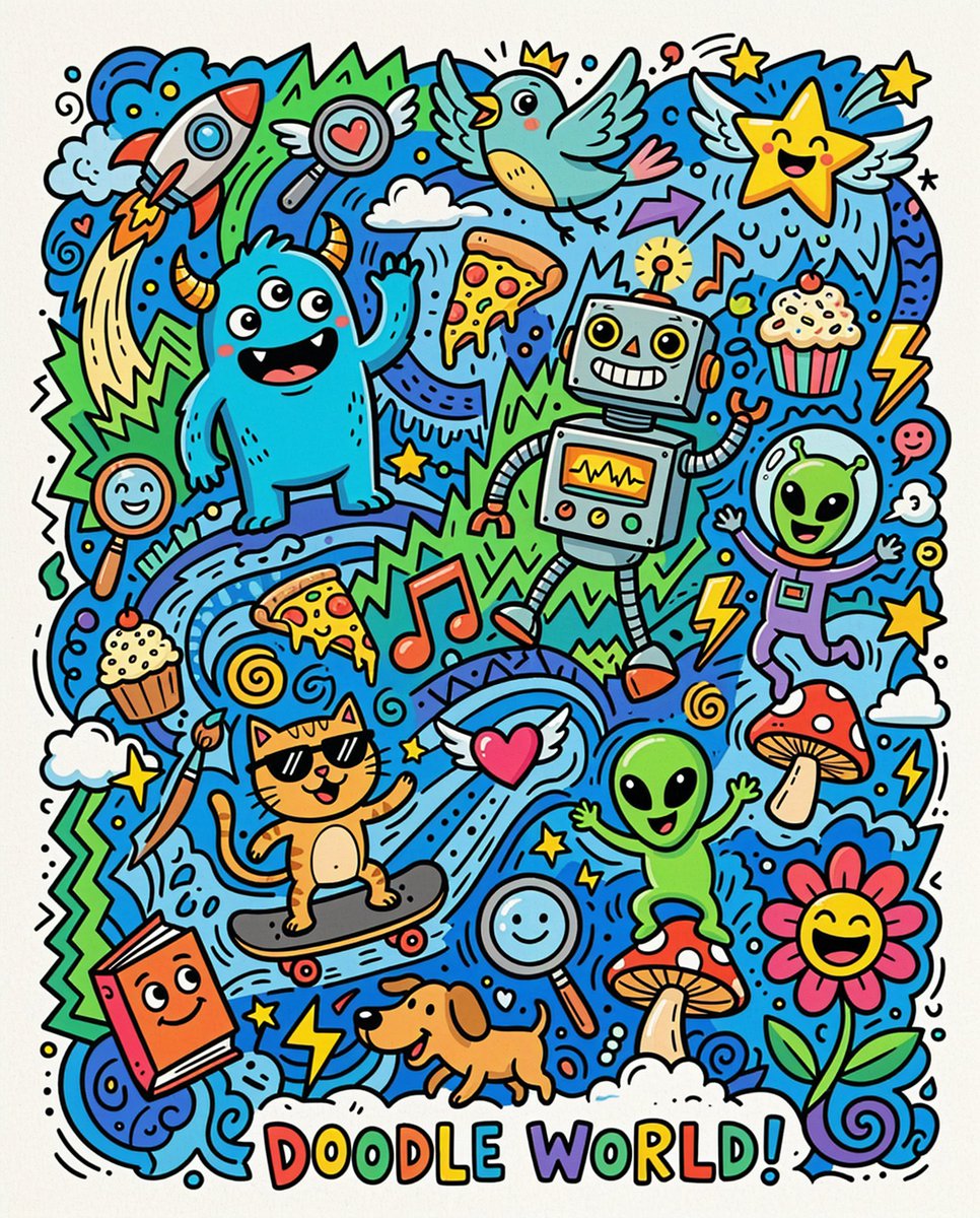 一幅充满活力、色彩缤纷的涂鸦艺术风格插画，描绘了一组异想天开的卡通人物和物品，每一个都带有夸张的表情和俏皮的姿态，密集地填满整个画面。背景是蓝色波浪形状与绿色锯齿形状的动态俏皮混合，以不同大小...