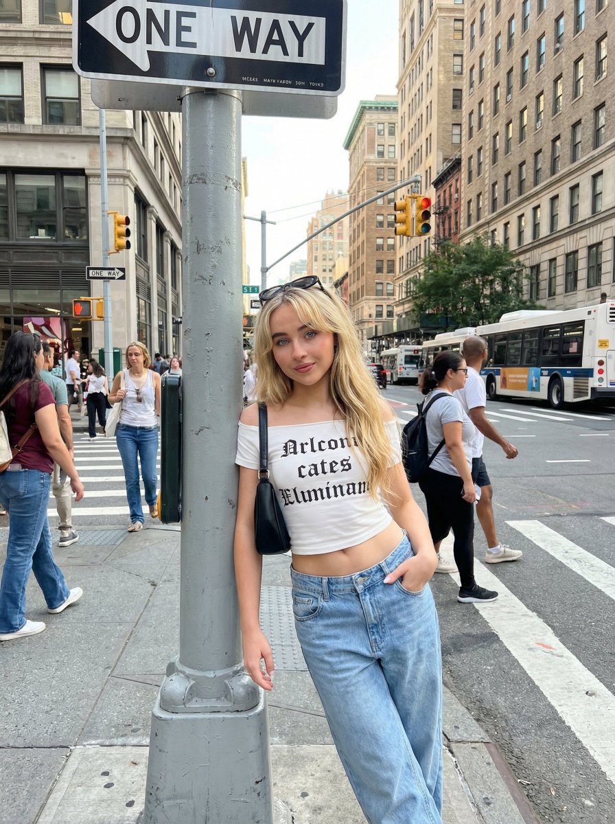 Young woman standing on a city street leaning against a pole under a one-way sign, Use uploaded...