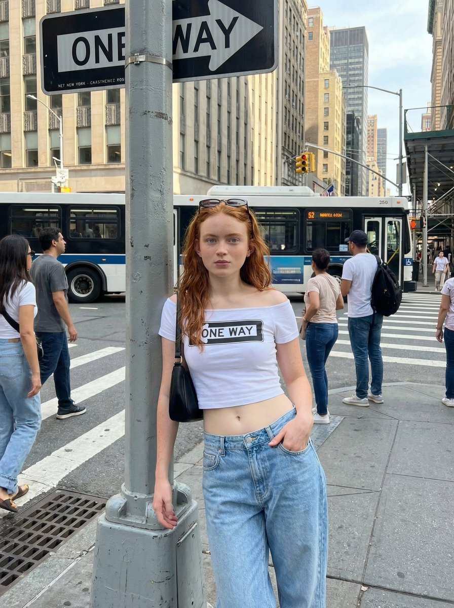 Young woman standing on a city street leaning against a pole under a one-way sign, Use uploaded...