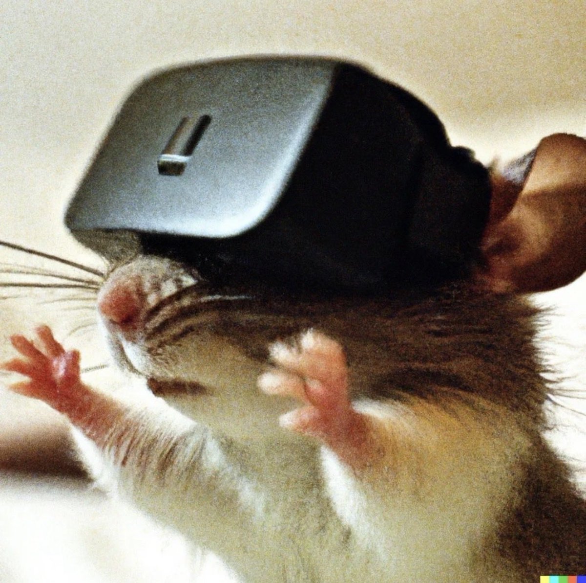 （一张戴着 VR 头戴设备的老鼠的特写照片）https://t.co/xcTrKC3Esn
